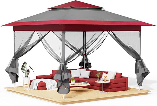 TLSUNNY 11' X 11' Gazebo, Pop Up Outdoor Canopy Tent W/4 Mesh Walls & Wheeled Bag, Screened Shelter with Netting, One-Person Set Up, Height Adjustable, for Patio, Yard, Party, Garden(Burgundy)