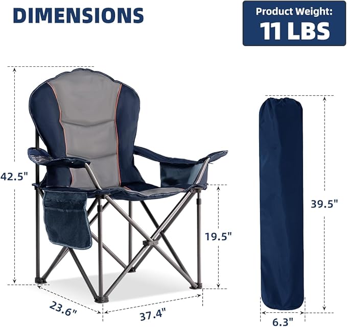 Oversized Camping Chair Heavy Duty 500LBS - Folding Outdoor Chair with Cooler Bag, Storage Pockets, Portable Collapsible Lawn Chairs for Adults (Blue & Gray)