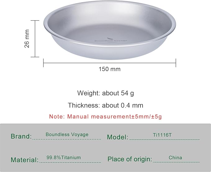 Boundless Voyage Titanium Camping Plate Dishes Saucer Lightweight Round Dinnerware Set Stackable Serving Plates Pasta Plates Travel Outdoor Home Kitchen Tableware Set Ti1116T