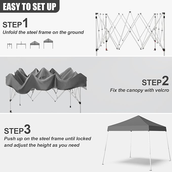 Pop-up Canopy Tent,Portable Outdoor Canopy for Parties Camping,Slant Legs Folding Tent,Sports Shelter,Beach Tent,Base 10x10 Top 8x8,3 Adjustable Height(Grey)