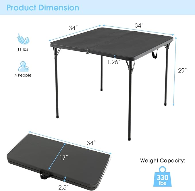 Goplus 34" Square Folding Card Table, Foldable Plastic Folding Tables, Portable Fold Up Table w/Handle, White Indoor Outdoor Utility Bi-Folding Commercial Table for Picnic, Party, Dining, Camping, BBQ
