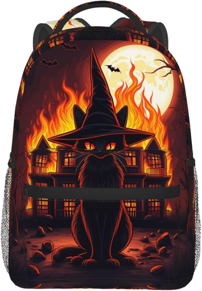 Daypack Backpack Multipurpose Anti-Theft Large Capacity Bookbag, Black Cat Witch Hat Old House Night Art Travel Hiking Camping Rucksack With Adjustable Shoulder Straps