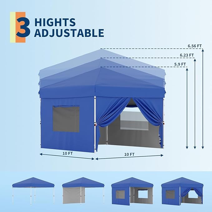 10X10 Pop Up Canopy Tent with 4 Sidewalls, Heavy Duty Commercial Instant Shelter, One-Person Quick Setup Outdoor Party Tent, Water-Resistant & Portable for Outdoor Events, Camping, Blue