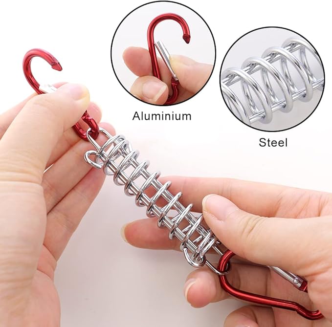NODG 5 Sets Camping Tent Spring Buckle Set Tent Spring Porch Swing Spring Buckle with Carabiners Heavy Duty Wire Racks Accessories Awning Rope Tensioner for Securing Tarps Tents Sunshade