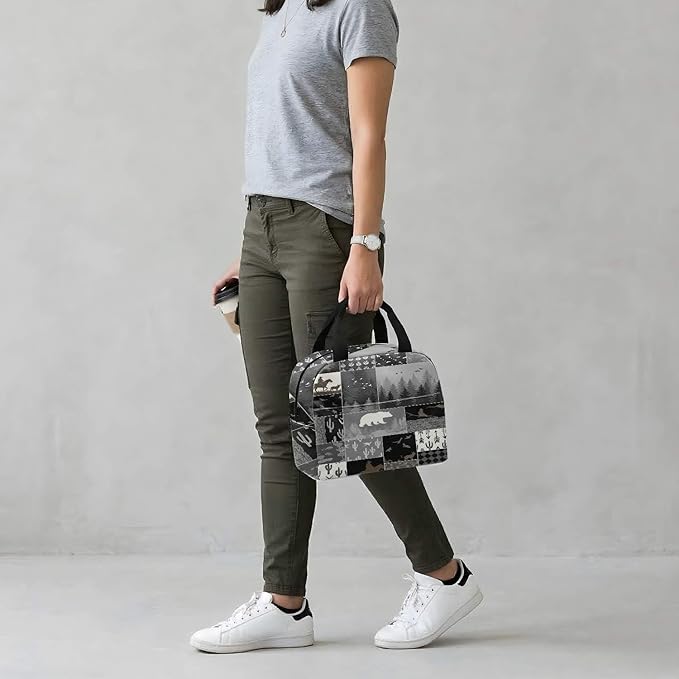 Western Retro Denim Insulated Lunch Bag Bear Deer Bird Nature Landscape Cactus Thermal Tote Portable Size (01)