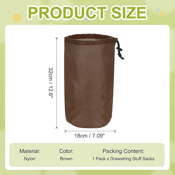 Stuff Sack, Nylon Waterproof Storage Sacks Portable Drawstring Dry Stuff Bag Gear Organization with Toggle, 7x13Inch Fit for Backpacking Camping Traveling Hiking(Brown)