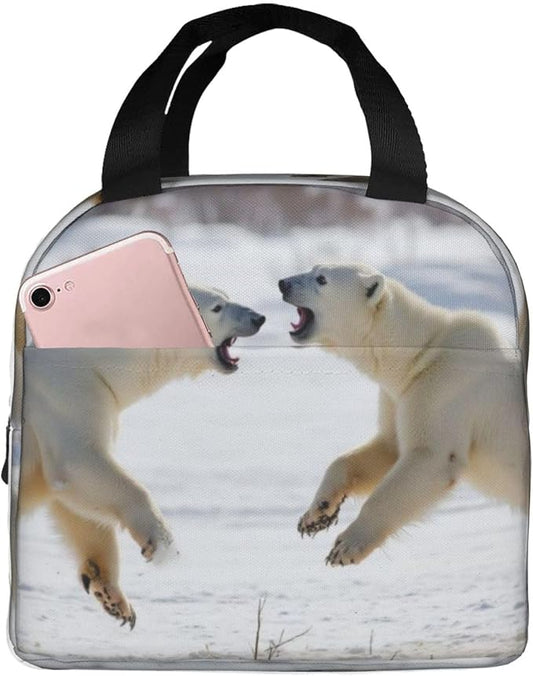 Full Print Lunch Bag Two Polar Bears Fighting In Snowy Landscape, Picnic, Outdoor Activities (Unisex)