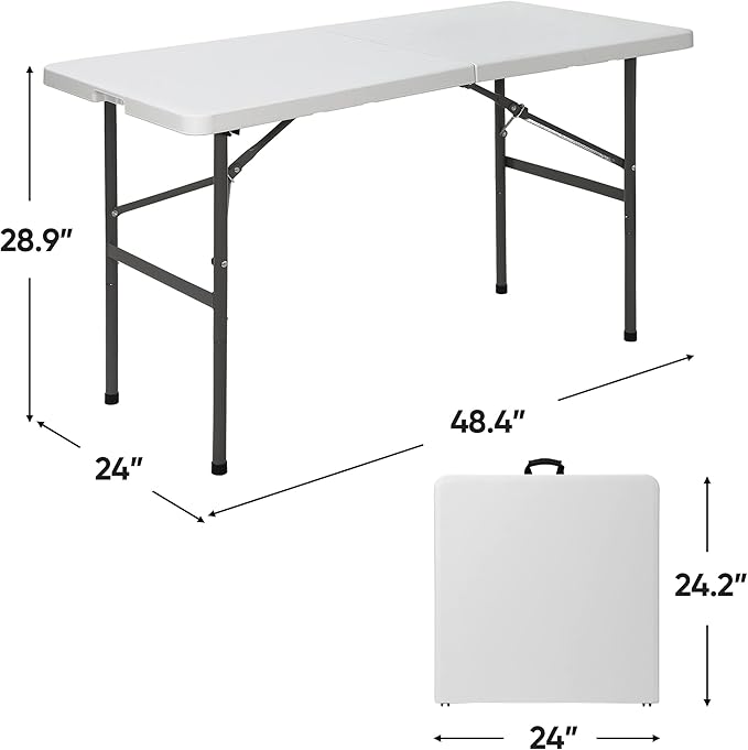SUPER DEAL Portable 4 Foot Plastic Folding Table, Small Indoor Outdoor Heavy Duty Fold-in-Half Picnic Party Camping Barbecues Table with Carrying Handle, White
