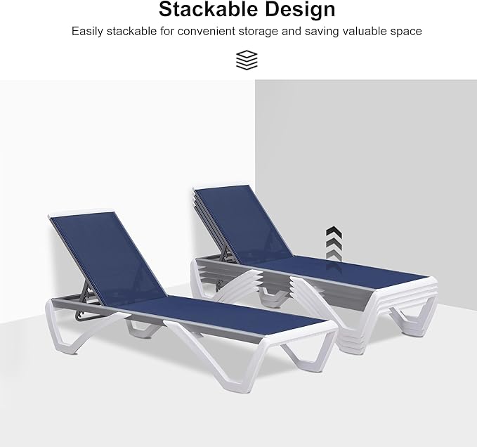 PURPLE LEAF Patio Chaise Lounge Chair Set of 3 Outside Aluminum Plastic Stackable Tanning Chairs for Pool Sunbathing Beach Deck Outdoor Lounger, Dark Blue