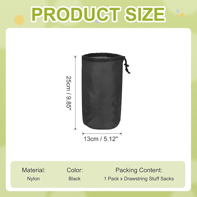 Stuff Sack, Nylon Waterproof Storage Sacks Portable Drawstring Dry Stuff Bag Gear Organization with Toggle, 5x10Inch Fit for Backpacking Camping Traveling Hiking(Black)