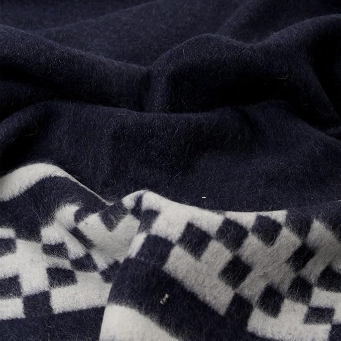Inca Wall - Thick Alpaca Wool Blanket Heavyweight Camping Outdoors Indoors Soft Peru Queen Size New Ethnic Design (Navy Blue/Ivory, Queen Size)