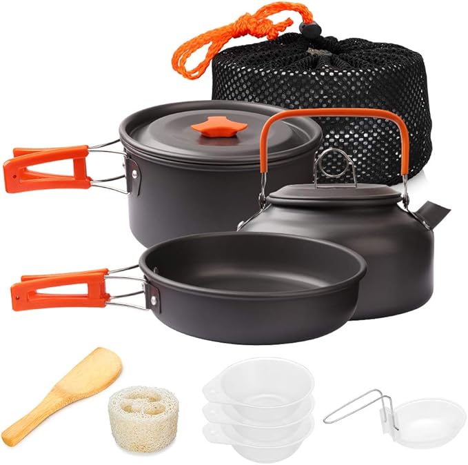 Gutsdoor Camping Cookware Set Camping Gear Campfire Utensils Non-Stick Cooking Equipment Lightweight Stackable Pot Pan Bowls with Storage Bag for Outdoor Hiking