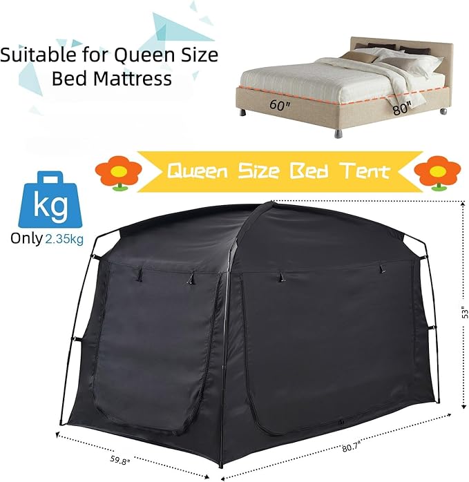 Privacy Sleep Indoor Bed Tent for Adults Kids, Portable Blackout 90% Canopy Tents with 3 Doors Breathable Mesh Windows