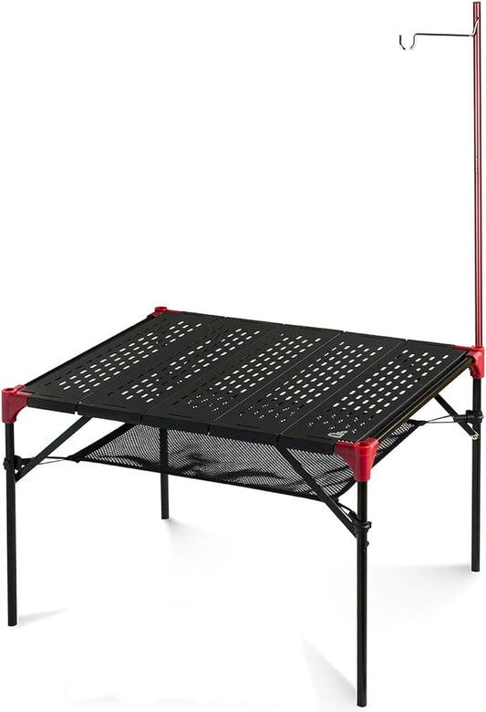 iClimb Extendable Folding Table Large Tabletop Area Ultralight Compact with Hollow Out Tabletop for Camping Backpacking Beach Concert BBQ Party, Three Size (Black - L + Hanger)