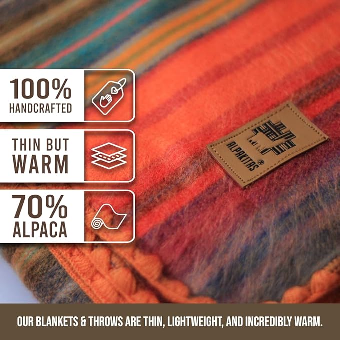 Alpaca Wool Blanket - Queen Size Bed Throw & Warm, Lightweight, Couch or Camp - Outdoor - 87 x 64 Inches (Orange)