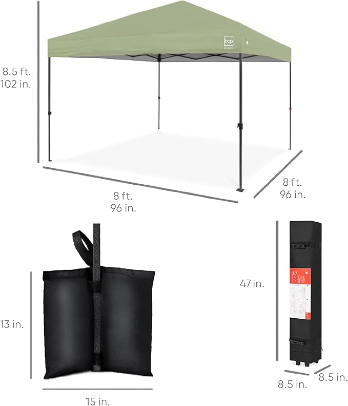 Best Choice Products 8x8ft Pop Up Canopy Tent, Outdoor Shade, 1 Person 1 Minute Set Up, Carry Case, 4 Weight Bags - Sage Green