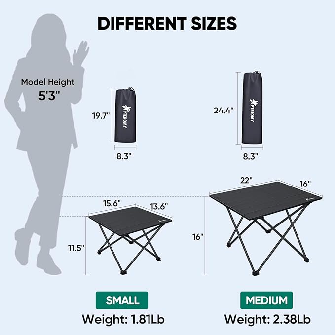 PTEROMY Medium Folding Camping Table, Portable Beach Table with Ultralight Aluminum Tabletop for Travel, Outdoor, Camping, Picnics, and BBQs (Black)