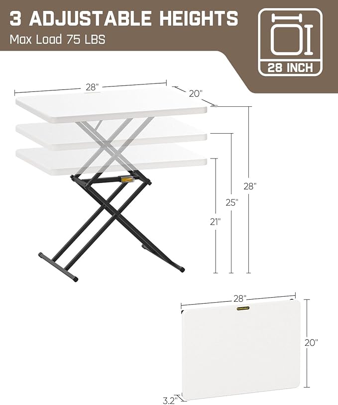 FanttikOutdoor Folding Table, One-Handed Height Adjustment, 3 Heights, Multi-Functional Small Folding Table 28 inch, TV Tray, Portable Dinner Table, No Assembly, 1 Pack, White Zeta X1 Pro