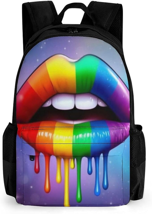 Polyester Daypack Backpack for Climbing Outdoors Running, Big Capacity Multipurpose Anti-Theft Bookbag, Lgbt Gay Homosexual Lesbian Rainbow Lips Travel Hiking Camping Rucksack