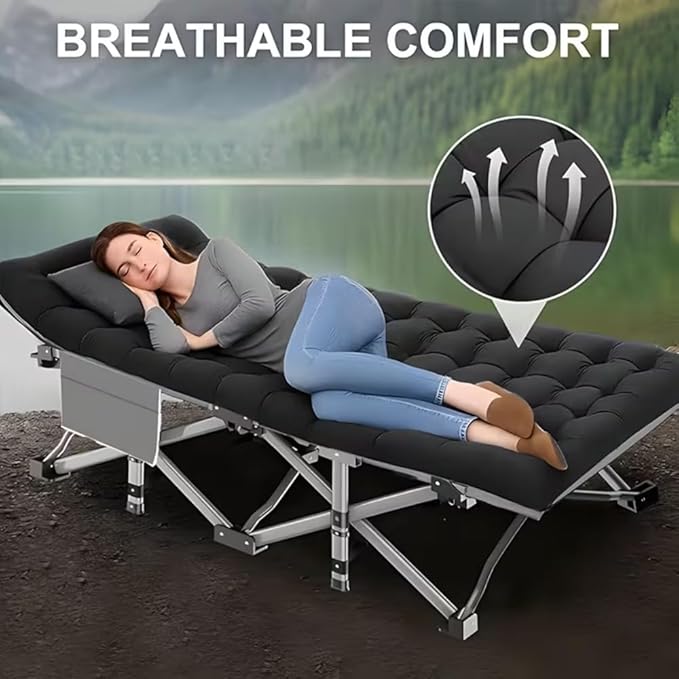 700LBS, Extra-Large Folding Outdoor Camping Bed with Mattress, Portable Folding Guest Bed, Heavy-Duty Sleeping bedwith Storage Bag, Suitable for Travel and Leisure (Black 700lbs)