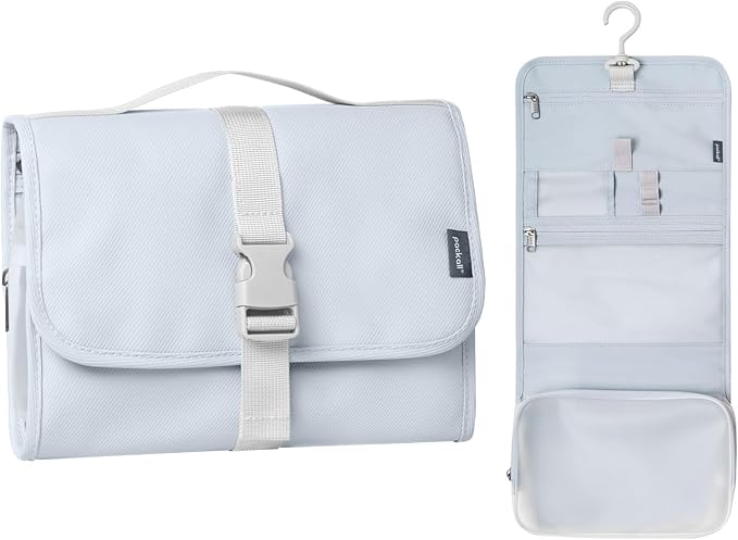 pack all Hanging Travel Toiletry Bag, Foldable Cosmetic Bag with Multiple Compartments, Water-Resistant Makeup Bag for Toiletries, Accessories (Light Blue)