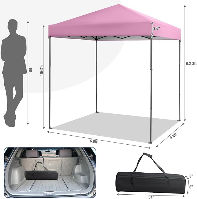 Tangkula 6.6x6.6 Ft Pop Up Canopy, 1 Person Instant Setup Canopy Tent with Center Lock, UPF 50+ Sun Protection, 8 Stakes, 4 Ropes, Portable Outdoor Canopy with Carrying Bag