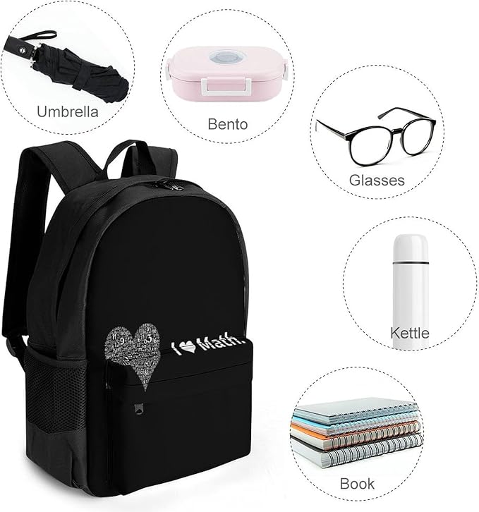 Supdreamc Lightweight Rucksack for Sports Travel Running, Big Capacity Multipurpose Anti-Theft Bookbag, I Love Math Heart Black Travel and Sport Backpack Rucksack