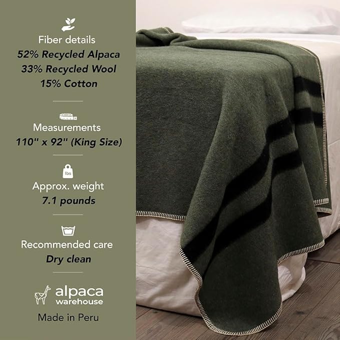 Thick Alpaca Wool Blanket Heavyweight Camping Outdoors Indoors Soft Peru King Size Stripes Design (Ivory - Soft Gray, King Size)