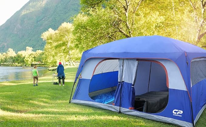 CAMPROS CP 12 Person Cabin Tent, 2 Room Extra Large Straight Wall Camping Tents Waterproof Windproof with Top Rainfly, 6 Large Mesh Windows, Double Layer, Easy Set Up Family Tent