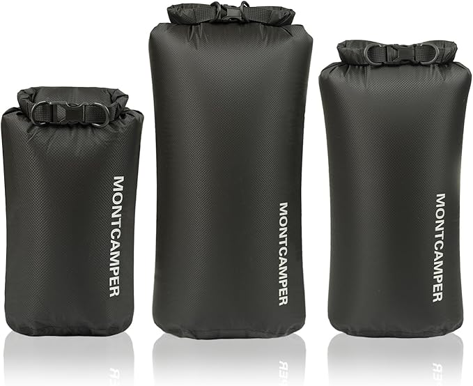 Waterproof Dry Bag 3-Pack (5L + 10L + 20L) – 30D Nylon Roll Top Dry Sacks with DWR & PU Coating, Lightweight Water-Resistant Storage for Kayaking, Camping, Hiking, Fishing & Beach (Black)