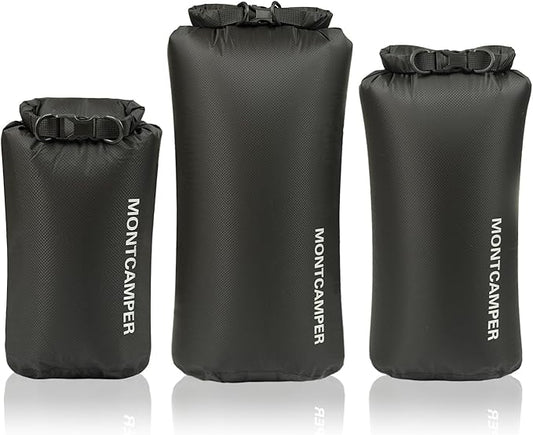 Waterproof Dry Bag 3-Pack (5L + 10L + 20L) – 30D Nylon Roll Top Dry Sacks with DWR & PU Coating, Lightweight Water-Resistant Storage for Kayaking, Camping, Hiking, Fishing & Beach (Black)