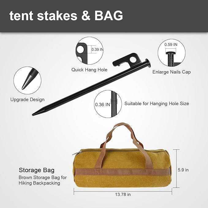 GOLDCAMP 8 Pack Heavy Duty Tent Stakes and Hammer with Canvas Storage Bag, 8in Duty Metal Tent pegs Ground Anchor for Camping、Outdoor、Hiking（Durable Combination）