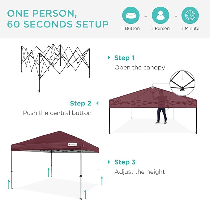 Best Choice Products 8x8ft Pop Up Canopy Tent, Outdoor Shade, 1 Person 1 Minute Set Up, Carry Case, 4 Weight Bags - Burgundy