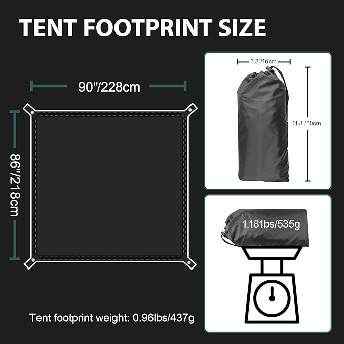 KRUI Tent Footprint, PU 2000 Waterproof Camping Tarp, Durable Tent Floor Saver for Hiking, Backpacking, Hammock, Beach and Picnic