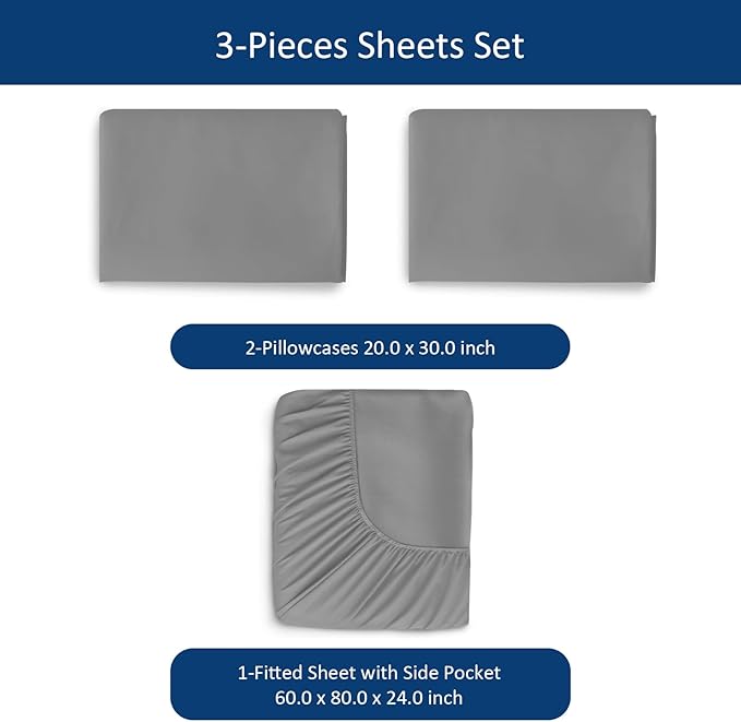 Extra Deep Pocket Queen Sheet Sets for Air Mattress - Deep Pocket Sheets Queen Size Sets - Sheets with Pocket on Side - Easily Fits Extra Deep 16 in to 24 in Pillow Top Air Mattress (Grey)