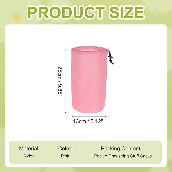 Stuff Sack, Nylon Waterproof Storage Sacks Portable Drawstring Dry Stuff Bag Gear Organization with Toggle, 5x10Inch Fit for Backpacking Camping Traveling Hiking(Pink)