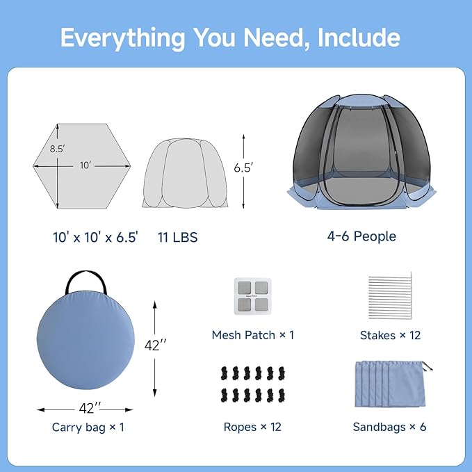 Alvantor® Pop Up Screen House Gazebo, Portable Mosquito Net Tent, UV Protected Sun Shelter for Patio, Backyard & Camping, Instant Setup for 2-10 People