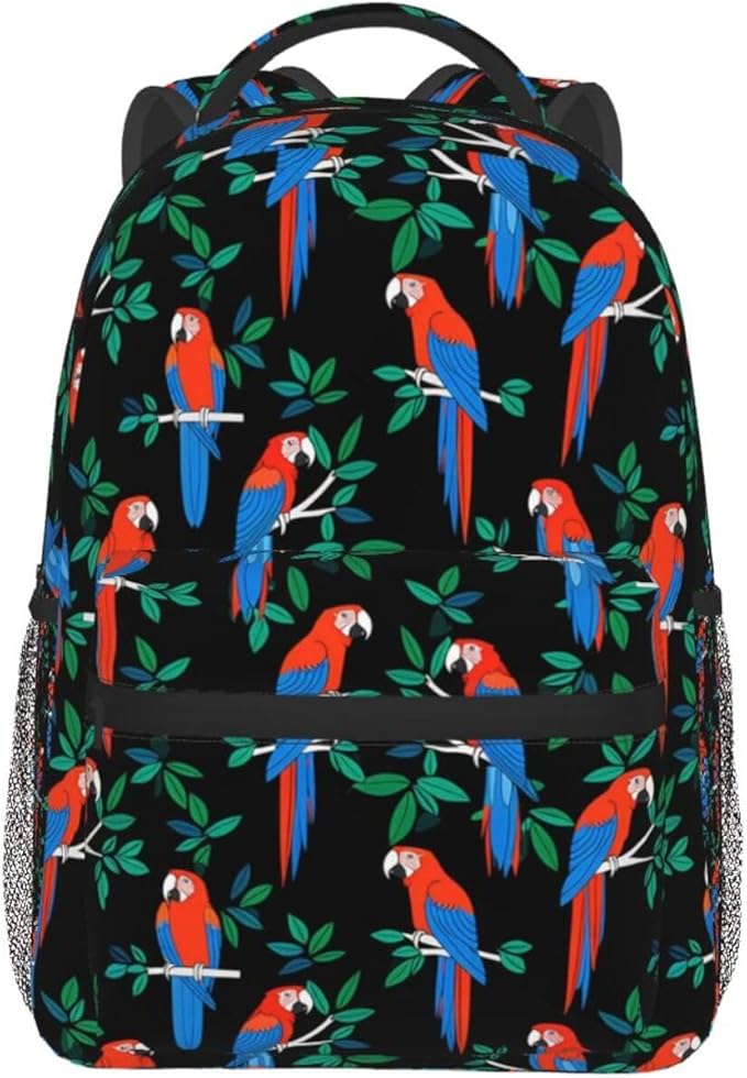 Men Women Polyester Macaw And Trees Art Daypack Big Capacity Shoulder Bag With Adjustable Shoulder Straps for Camping Travel Walking Cycling