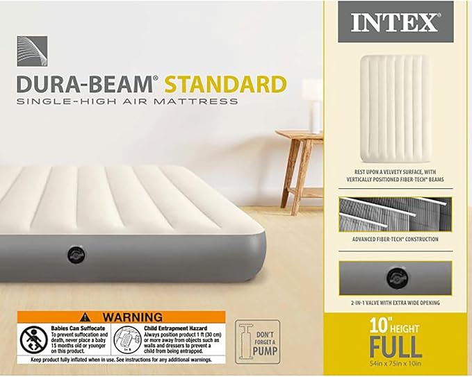 Intex 64102E Dura-Beam Standard Single-High Air Mattress: Fiber-Tech – Full Size – 10in Bed Height – 600lb Weight Capacity – Pump Sold Separately