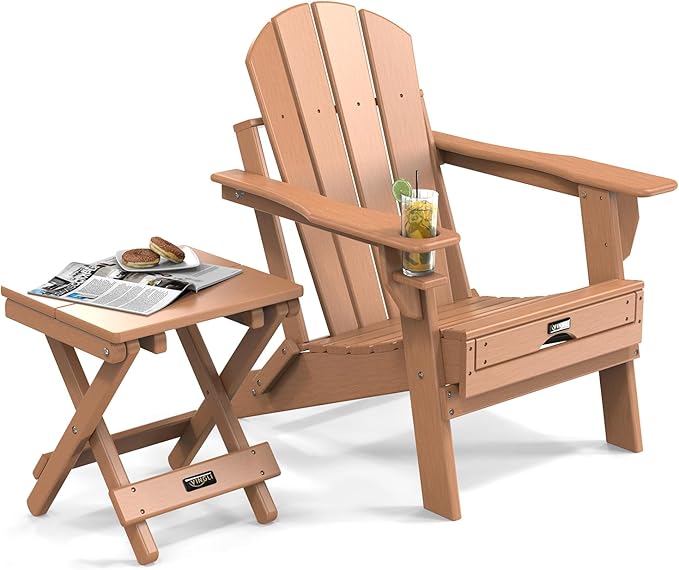 VINGLI Small HDPE Folding Side Table, Plastic Waterproof Portable Adirondack Coffee End Tables, All Weather for Patio, Backyard, Pool, Indoor Use, Teak