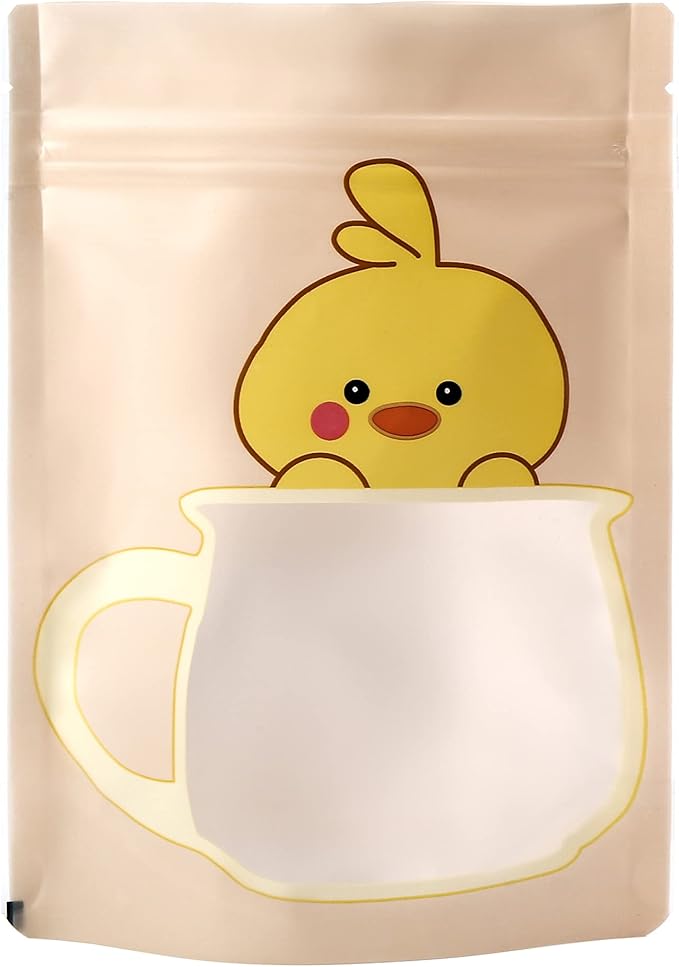QQ Studio 100 Animal Designed Snack Bags, Plastic Bakery Bags, Cute Favor Bags for Snacks, Pastel Cookie Bags with Window, Zipper Seal Treat Storage Bags (5 Inch x 7 Inch, Peachy Duckling)