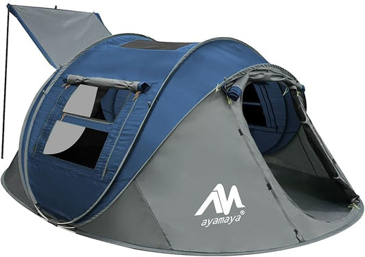 4 Person Pop Up Tents for Camping - AYAMAYA Waterproof Instant Family Tents with Skylight & Removable Rainfly, Upgraded Large Size with 2 Doors -Automatic Easy Setup Beach Tent with Poles