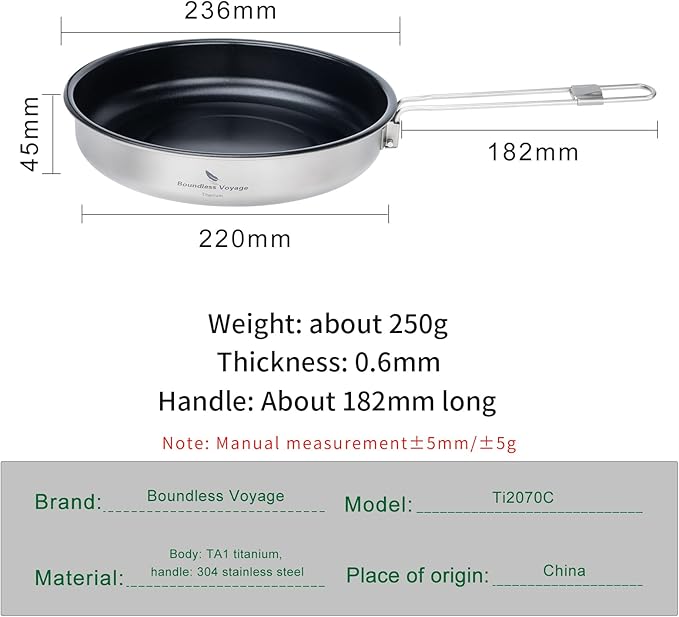 Boundless Voyage Titanium Non-Stick Frying Pan Outdoor Camping Skillet with Folding Handle Lightweight Campfire Cookware