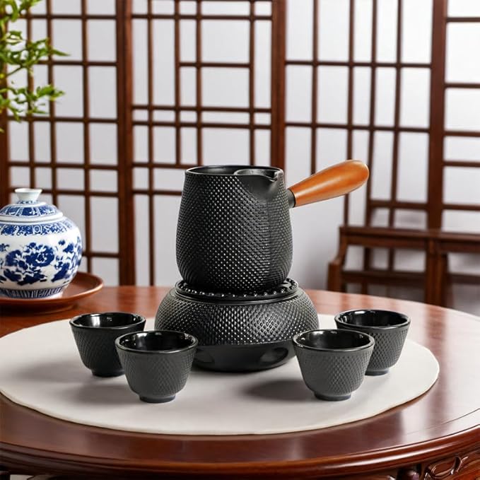 Japanese Cast Iron Tea Cups, Small and Heavy Teacups with no Handles, Japanese Style Cup for Adults, Asian Teacup, Coated with Enameled Interior, 4 Pcs/Box (Black, 3.38oz/100ml)