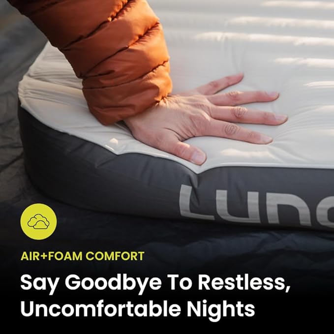 Luno Hybrid PRO Air + Memory Foam Camping Mattress for Tent & Car - 4" Self Inflating Camping Pad for Sleeping, Ultra Packable Design - Universal Fit w/AirRoll Bag, Repair Patch & Head Support Bridge