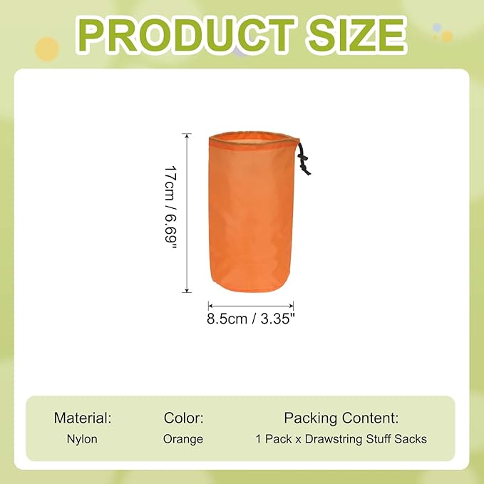 Stuff Sack, Nylon Waterproof Storage Sacks Portable Drawstring Dry Stuff Bag Gear Organization with Toggle, 3x7Inch Fit for Backpacking Camping Traveling Hiking(Orange)