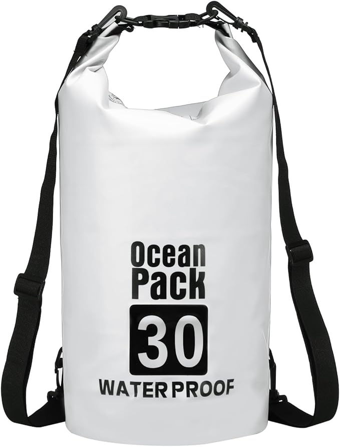 Waterproof Dry Bag, 30L Fit for Women Men Water Proof Bags Lightweight Dry Storage Floating Backpack with Whistle for Travel Backpacking Boating Kayaking Camping (White)