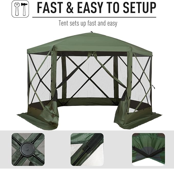 Outsunny Hexagon Screen House, Pop Up Tent Portable Gazebo Canopy Shelter with Mesh Netting Walls, Carry Bag and Shaded Interior, 12' x 12', Green