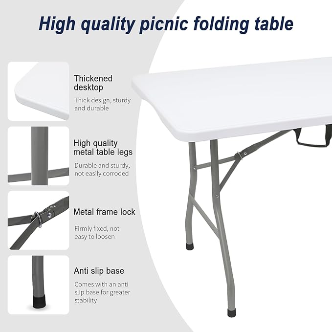 70.8" W X 29" D X 29" H - 6 ft Folding Table White Portable Heavy Duty Plastic Fold-in-Half Utility Foldable Table for Camp，Picnic & Party