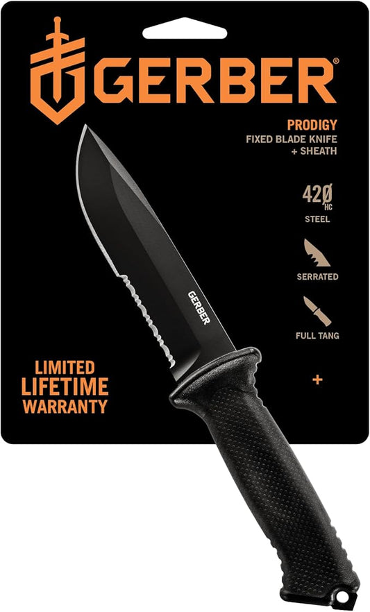 Gerber Gear Prodigy Fixed Blade Survival Tactical Knife - Full Tang, Serrated Edge Knife - American High Carbon Steel Blade - Molded Soft-Grip - with Protective MOLLE Sheath - Black